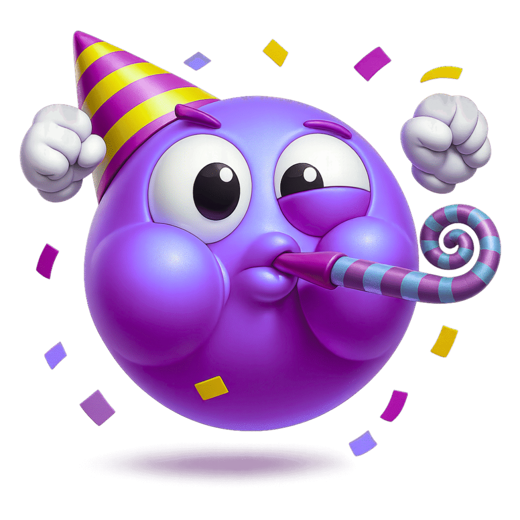 Purple 3D Partying Face Emoji with Confetti and Party Hat &ndash; Transparent Background PNG Clipart for Celebrations