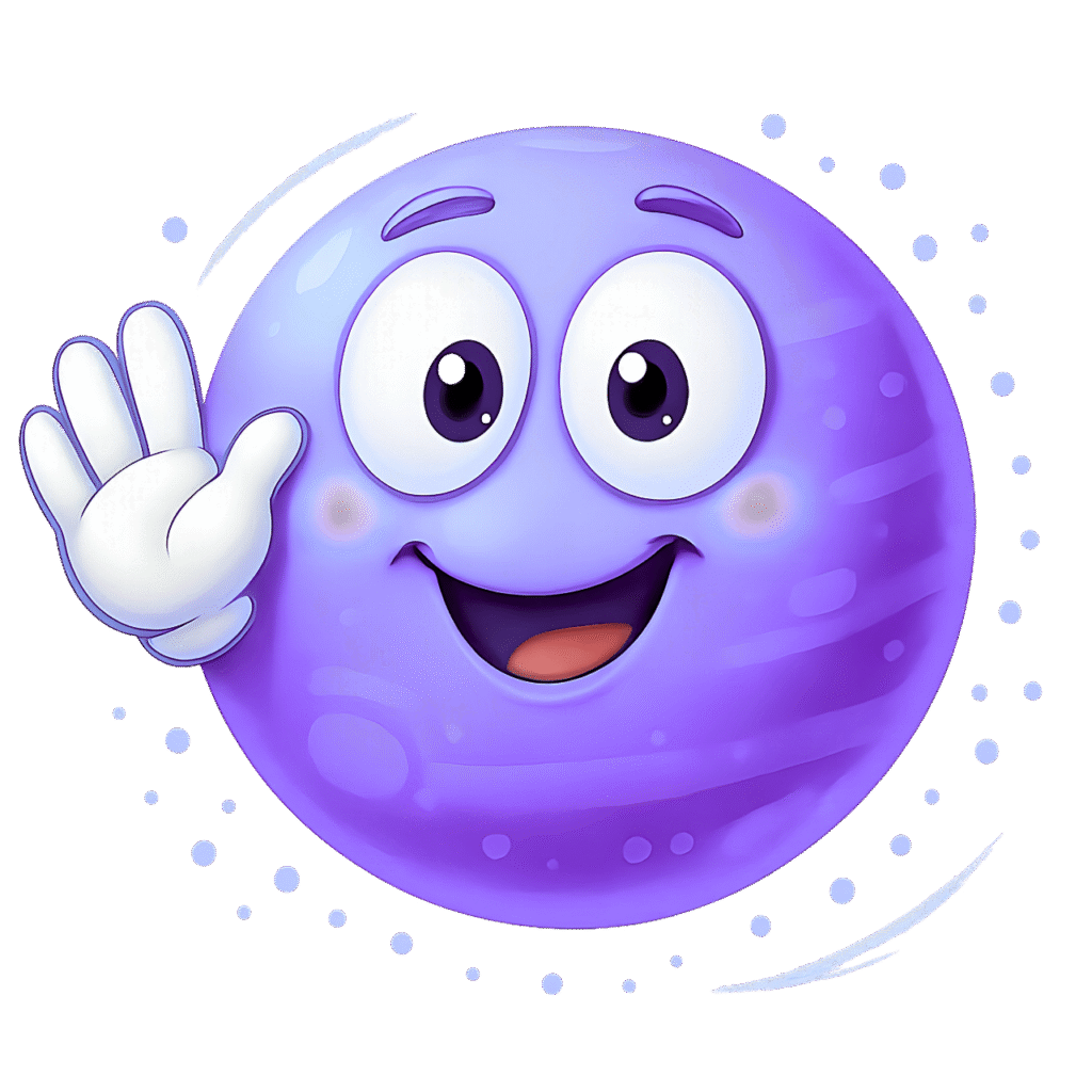 Cheerful purple emoji waving with big eyes and smiling face, cartoon-style clipart on transparent background.