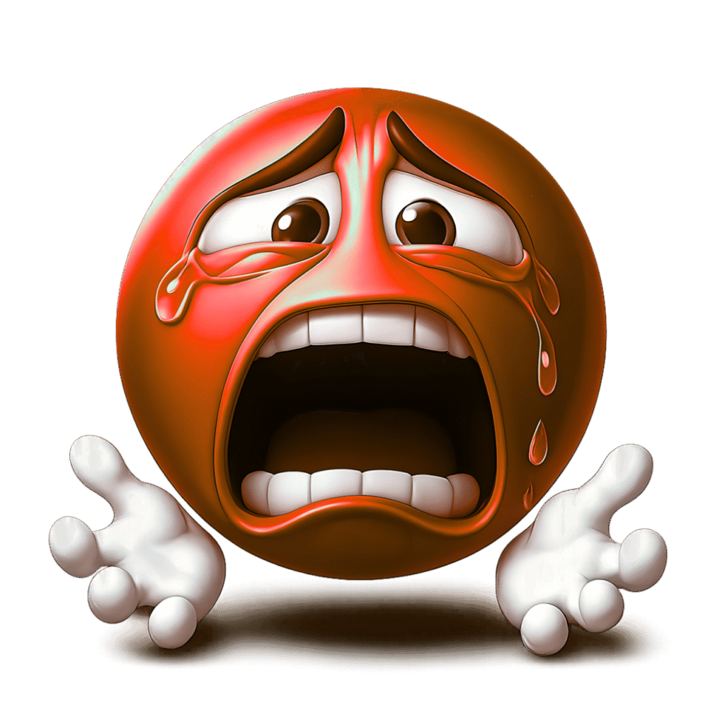 3D red desperate emoji face crying with tears, wide open mouth, cartoon hands reaching out, isolated on transparent background