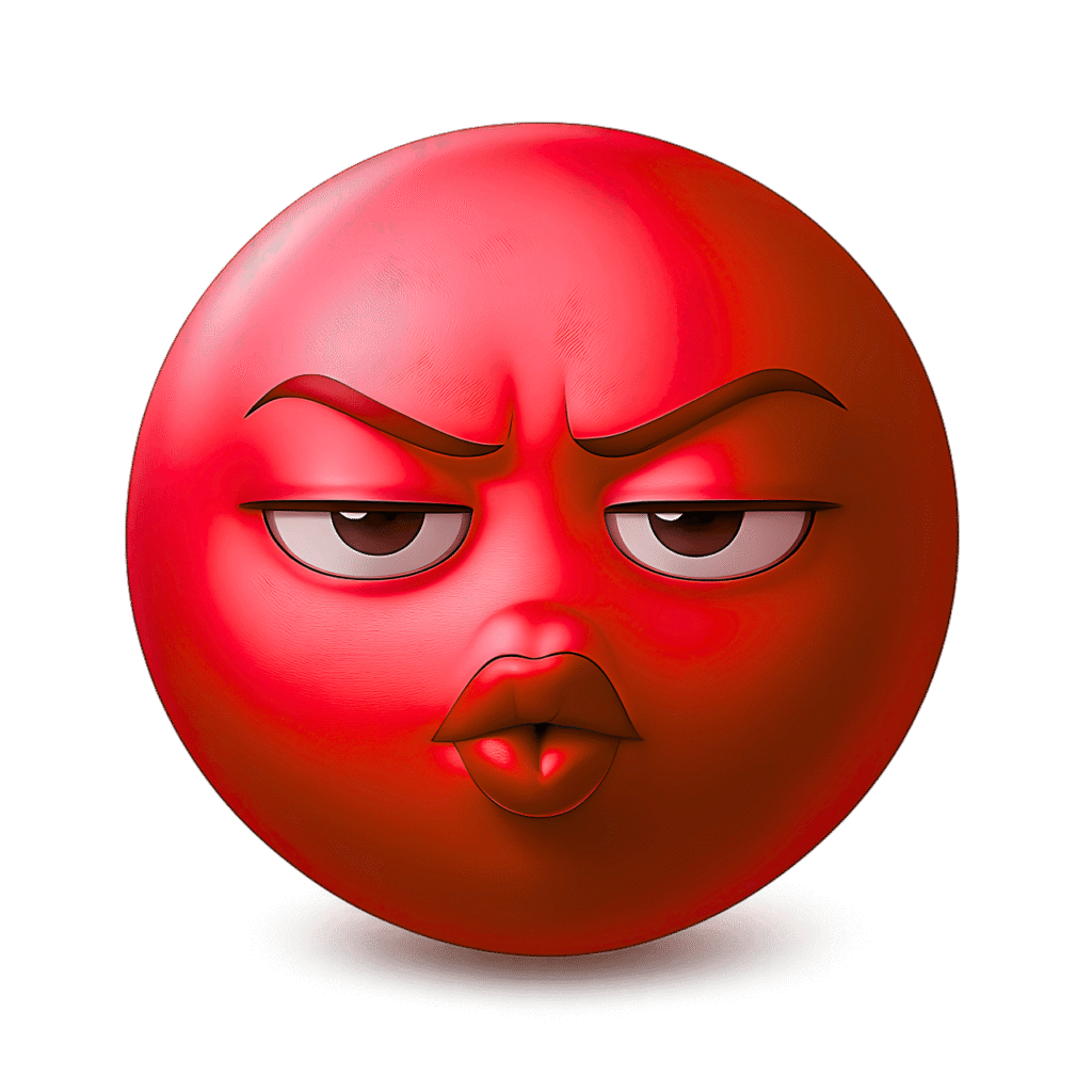 3D red &ldquo;Ooh&rdquo; emoji face with pouty lips, intense brows, and an unimpressed stare on a transparent background.
