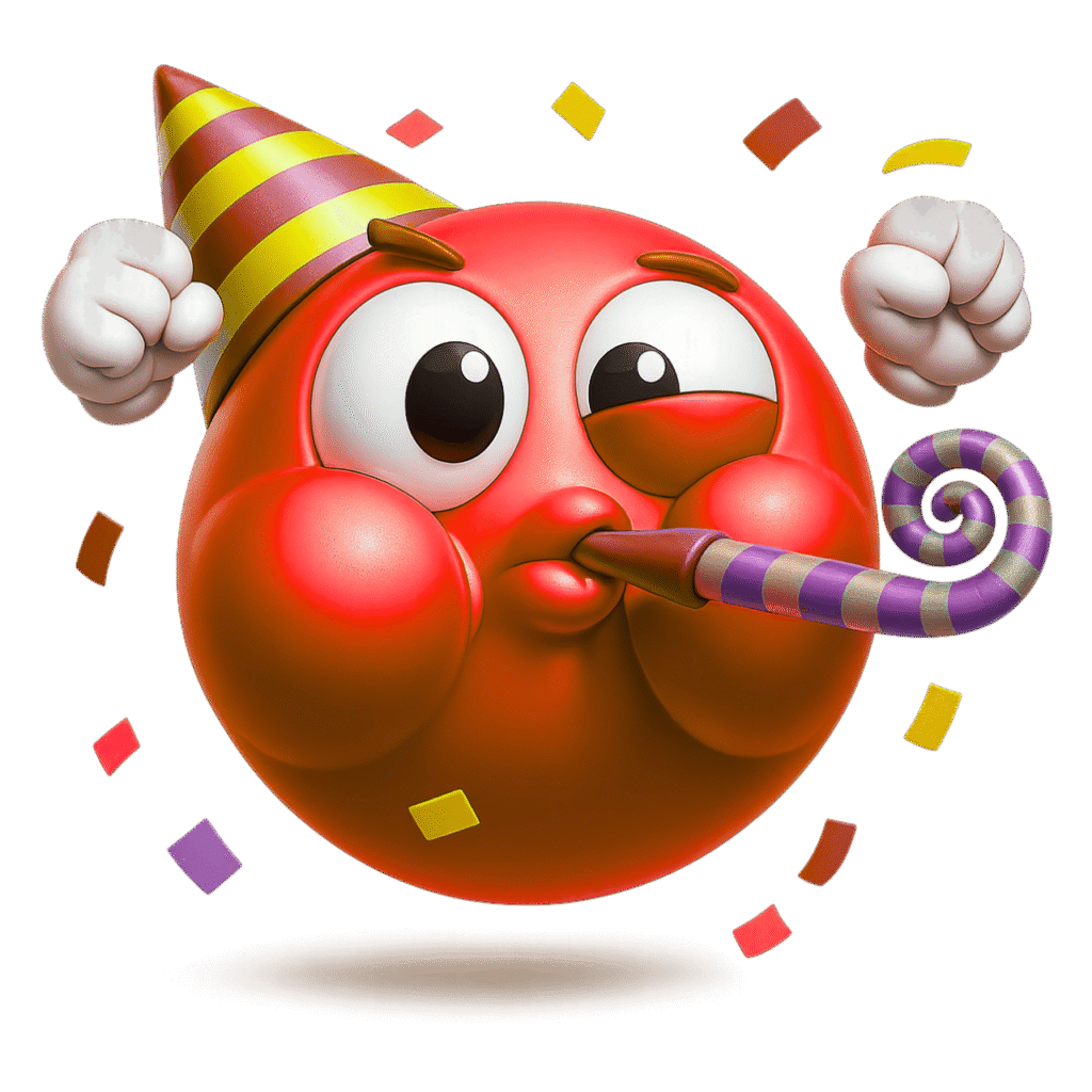 Red 3D Partying Face Emoji with Party Hat, Confetti & Horn &ndash; Transparent PNG Celebration Clipart