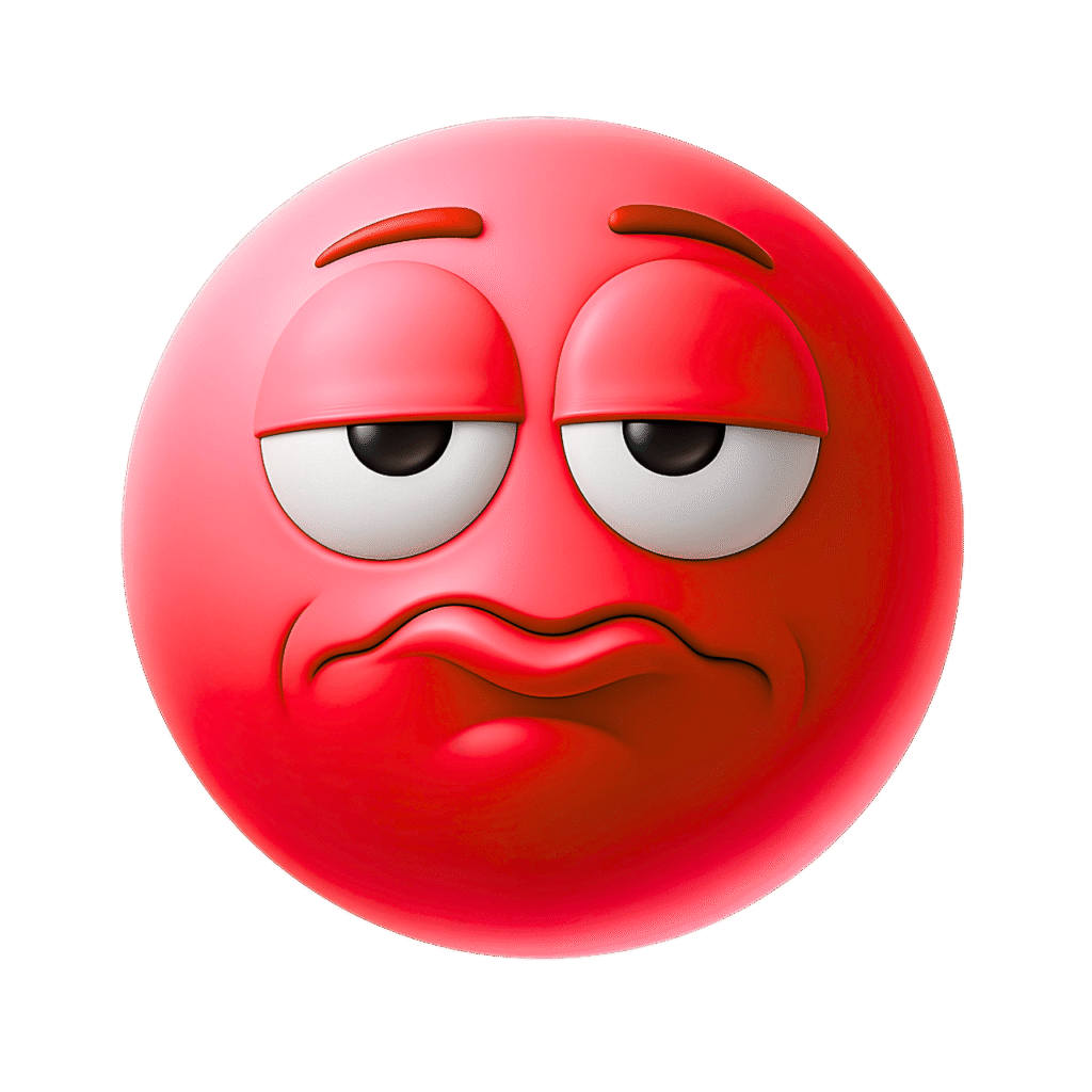 3D red emoji with sarcastic eyes and puckered lips showing boredom and frustration on transparent background