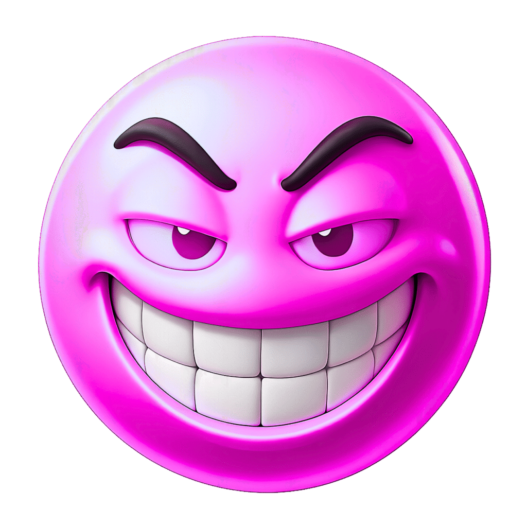 Pink 3D Troll Emoji with Sly Grin and Arched Brows – Transparent Background ClipArt
