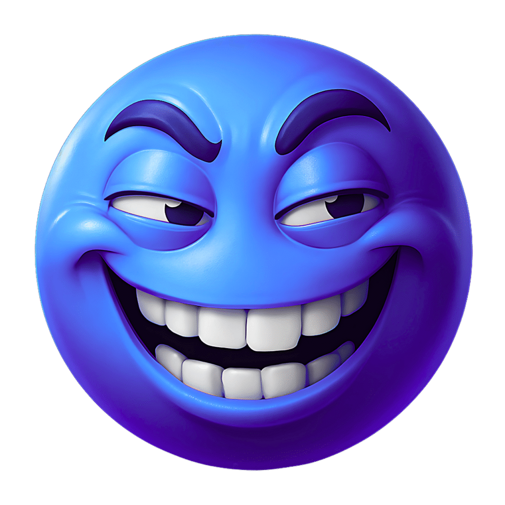 3D silly happy blue emoji with mischievous grin and raised eyebrows, isolated on transparent background – fun cartoon clipart for digital use