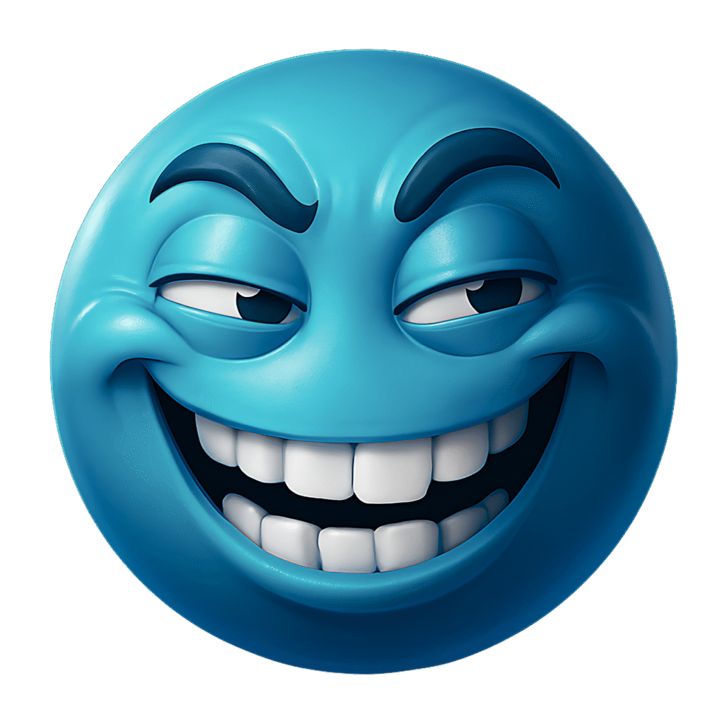 Silly happy blue emoji with raised eyebrows, mischievous half-closed eyes, and a wide goofy grin on transparent background
