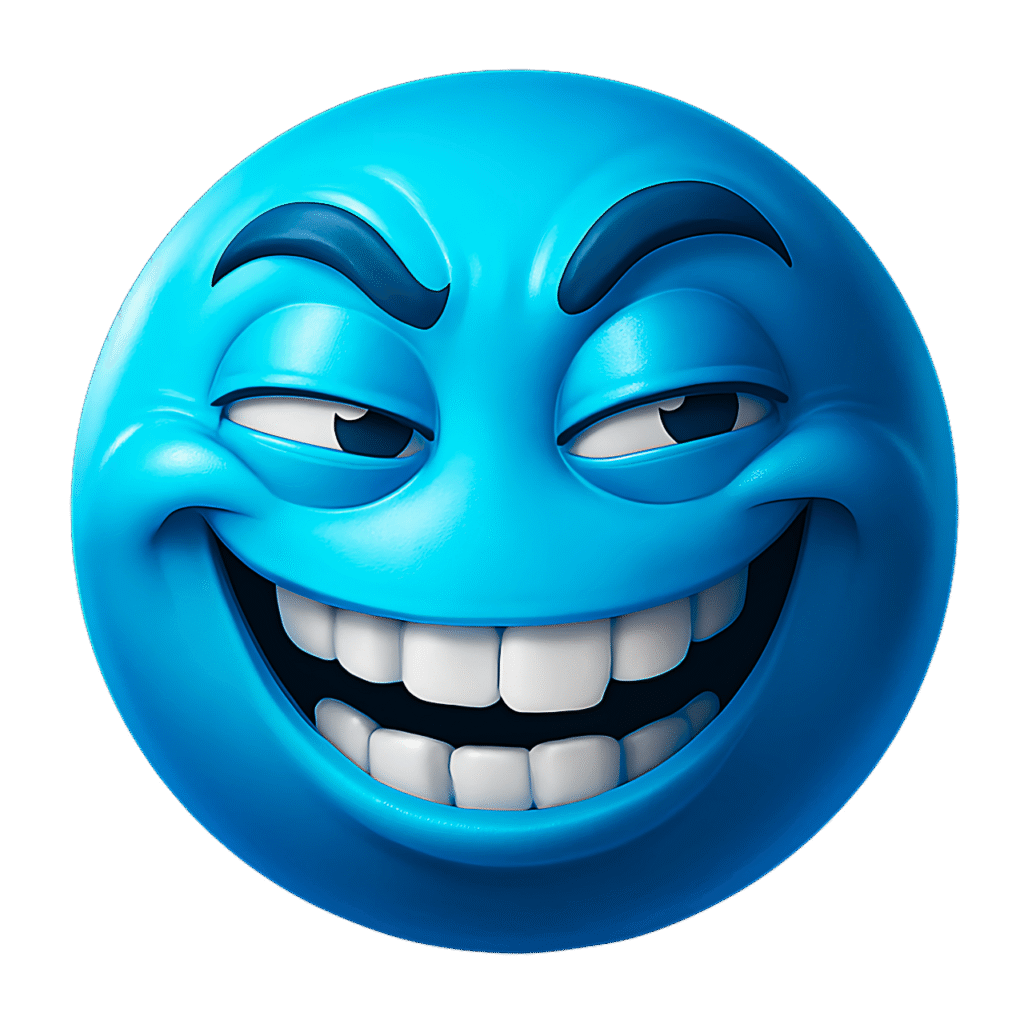 Silly happy blue emoji with a mischievous grin and raised eyebrows in transparent PNG clipart style