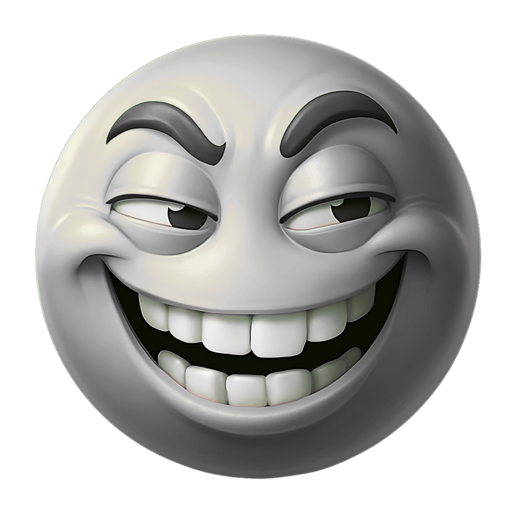 Silly happy white emoji face with big goofy grin, raised eyebrows, and mischievous eyes on transparent background