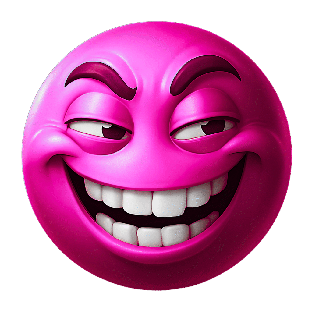 Funny pink emoji face with sly smile, raised eyebrows, and half-closed eyes in transparent PNG clipart style