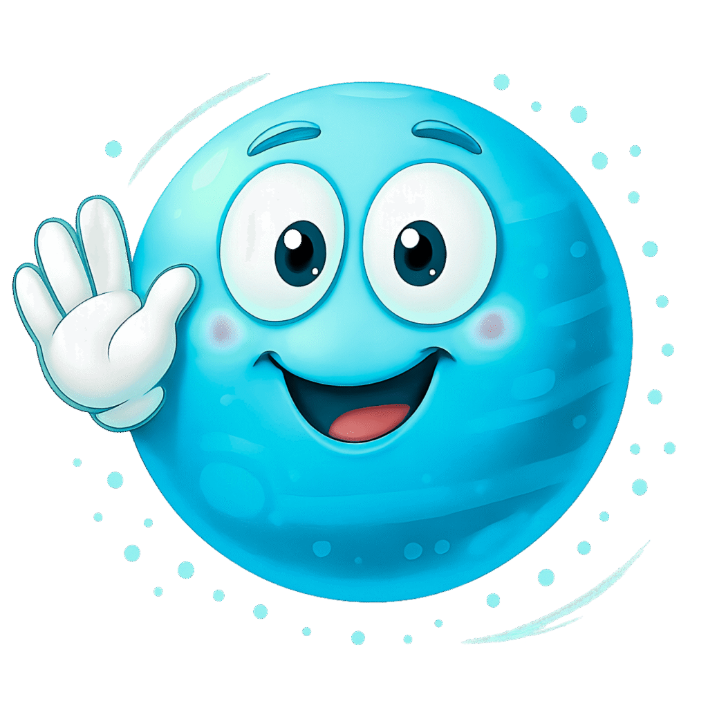 Smiling blue emoji cartoon character with waving hand, large eyes, and cheerful expression, surrounded by dots on transparent background clipart.