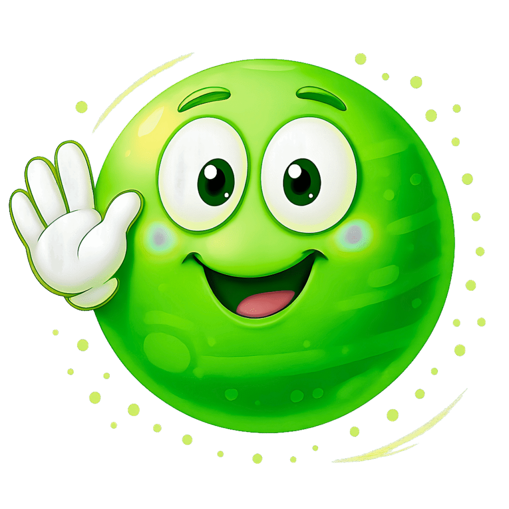 Smiling green emoji character with waving hand, cartoon-style illustration with big eyes, cheerful expression, and transparent background clipart.