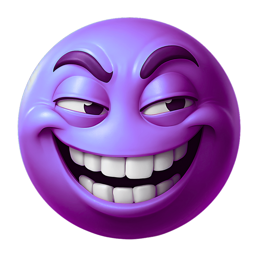 Mischievous purple emoji with sly grin, raised brows, and squinting eyes in transparent PNG format