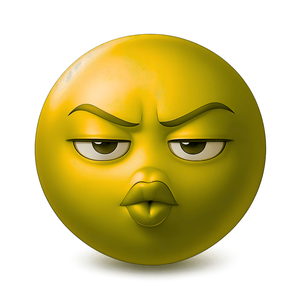 3D yellow &ldquo;Ooh&rdquo; emoji with kiss lips, slanted eyes, and expressive eyebrows on transparent background.