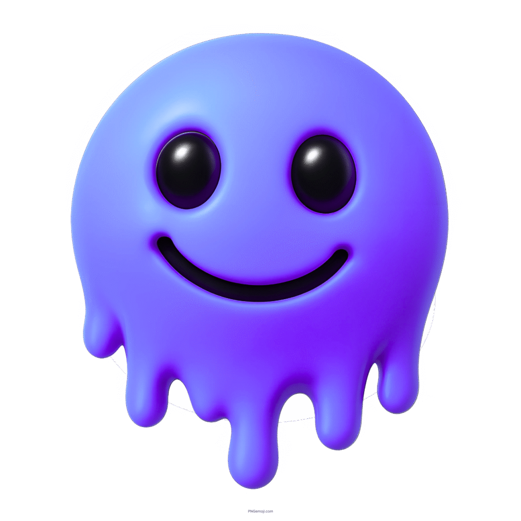 3D purple melting smiley emoji with black eyes, glossy texture, and happy expression