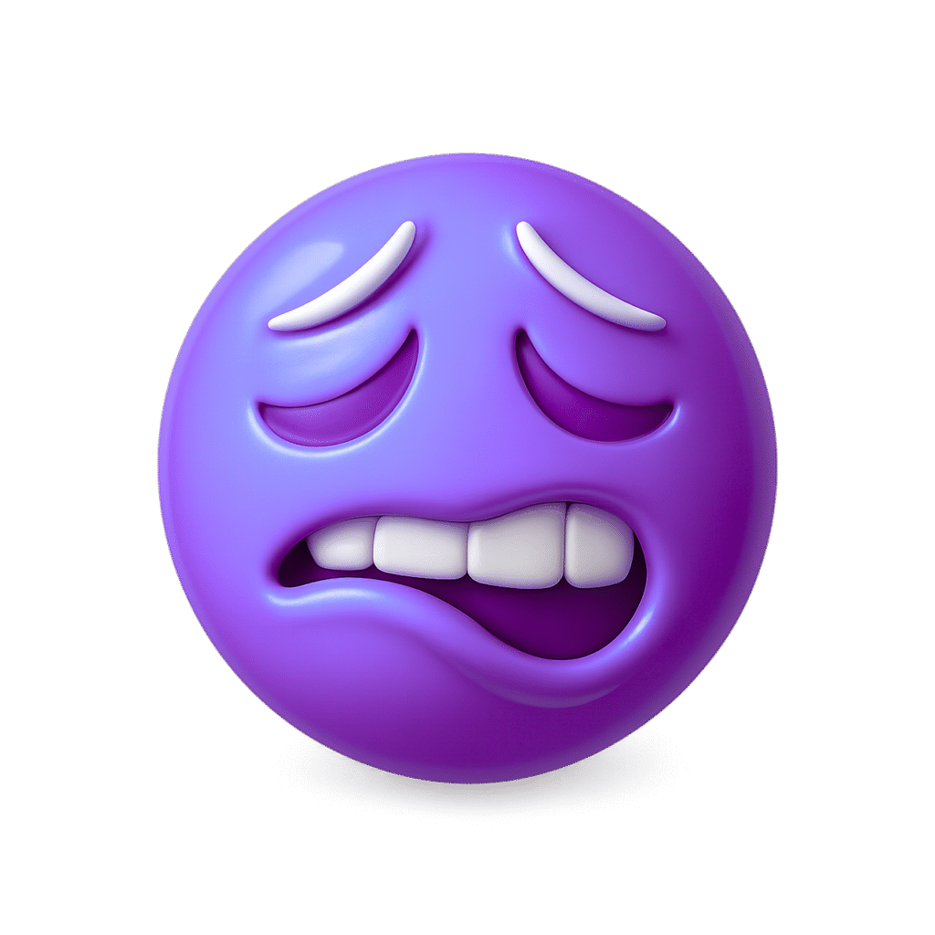 Glossy purple 3D emoji with worried eyes and lip bite expression on transparent background