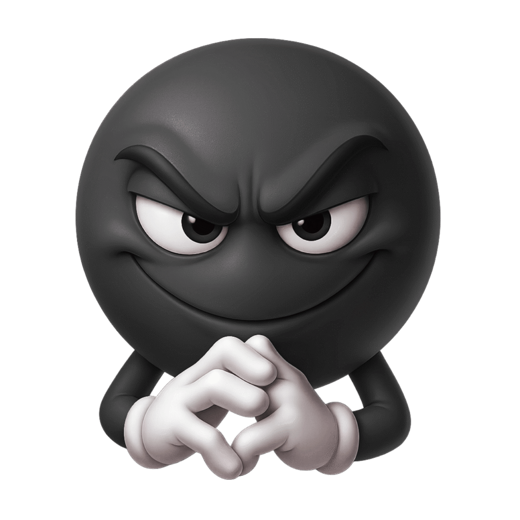 3D black mischievous emoji with sly grin, intense glare, and clasped cartoon hands on transparent background