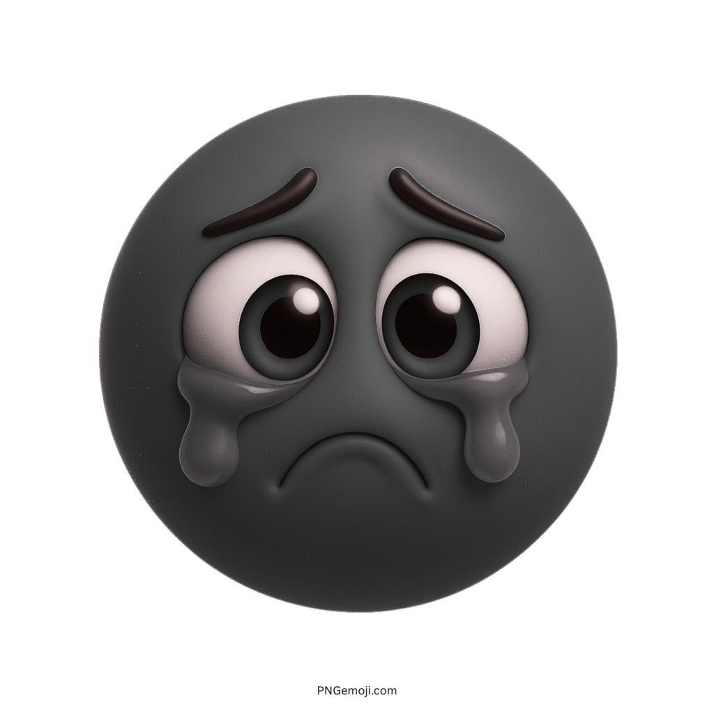 3D black sad emoji face with crying teary eyes and transparent background
