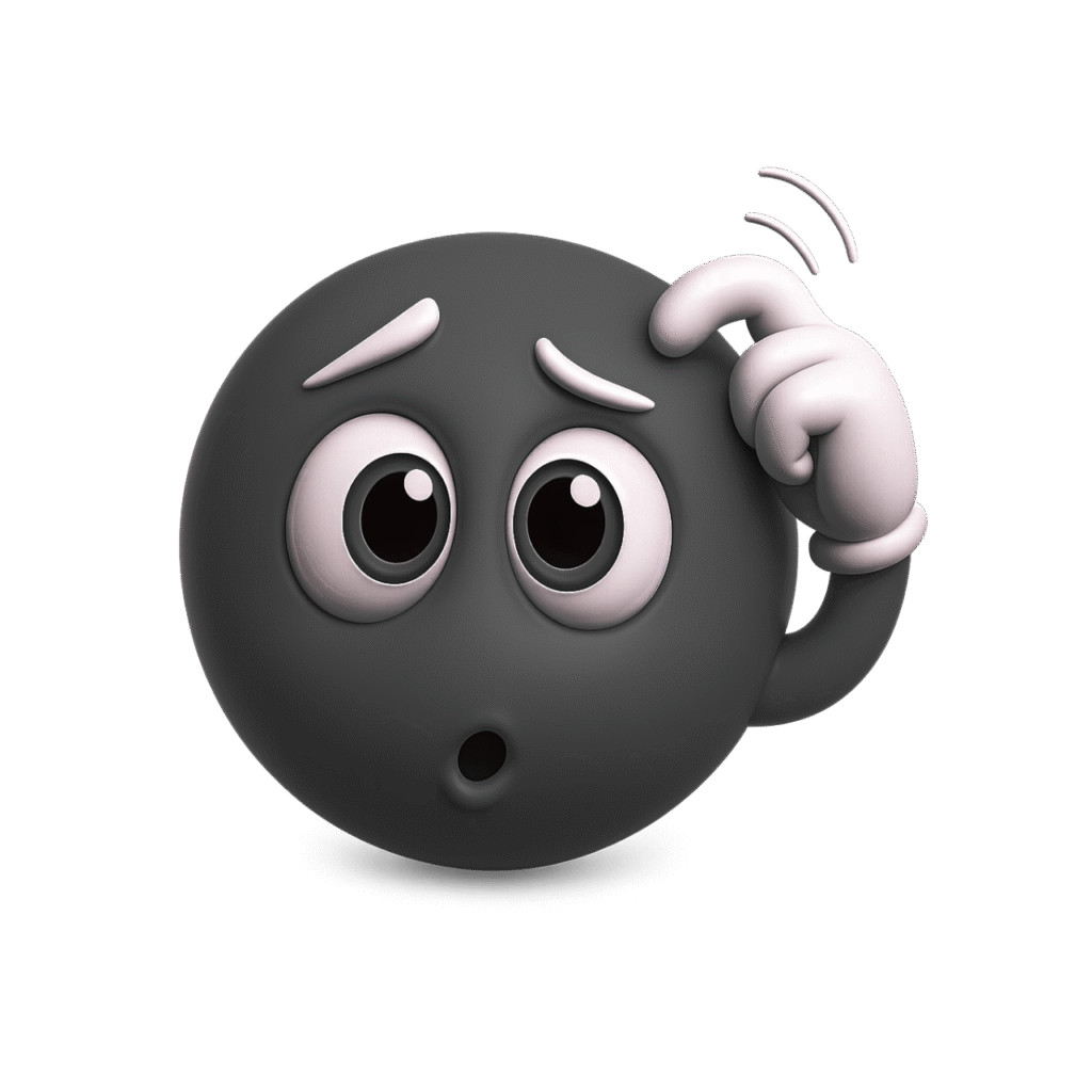 3D black emoji scratching head with surprised confused expression and big cartoon eyes