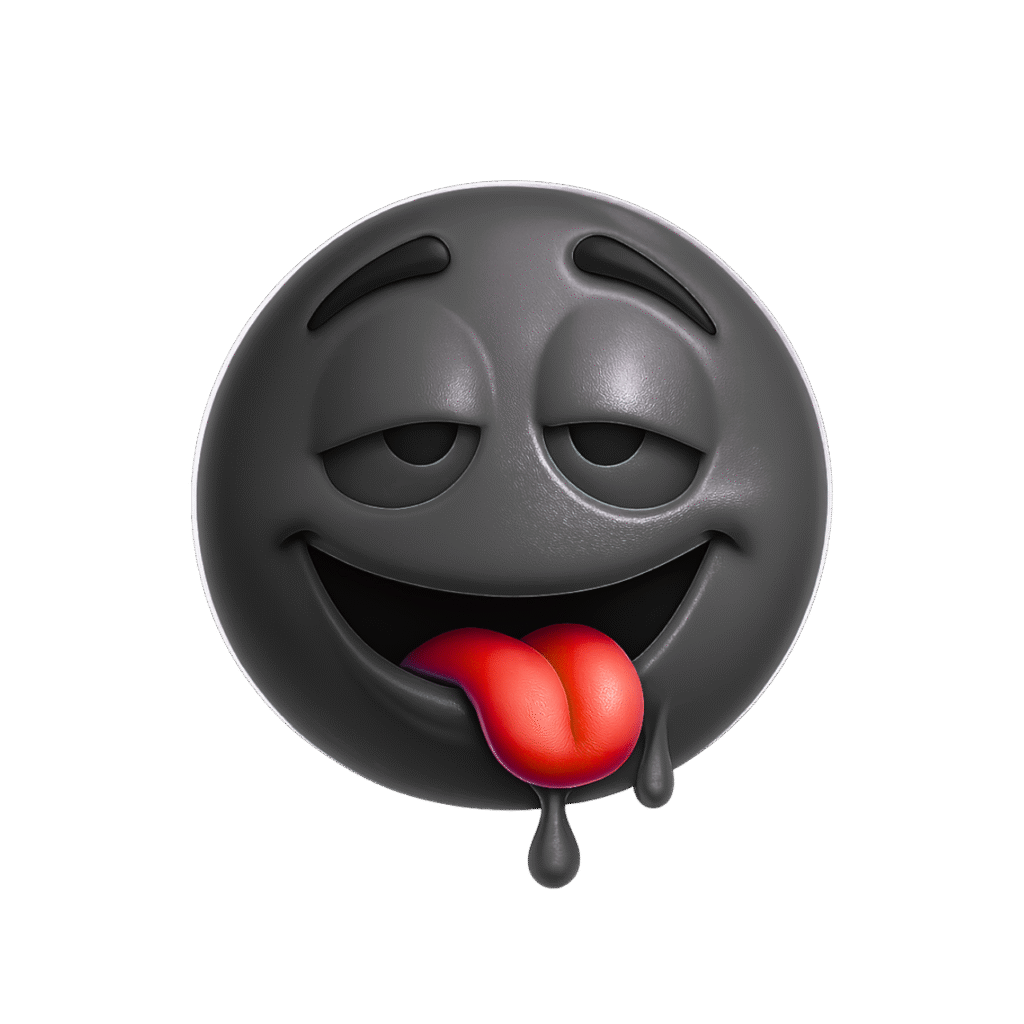 3D Black Slobber Emoji with Tongue Out and Dripping Drool – Funny Sleepy Face Clipart PNG
