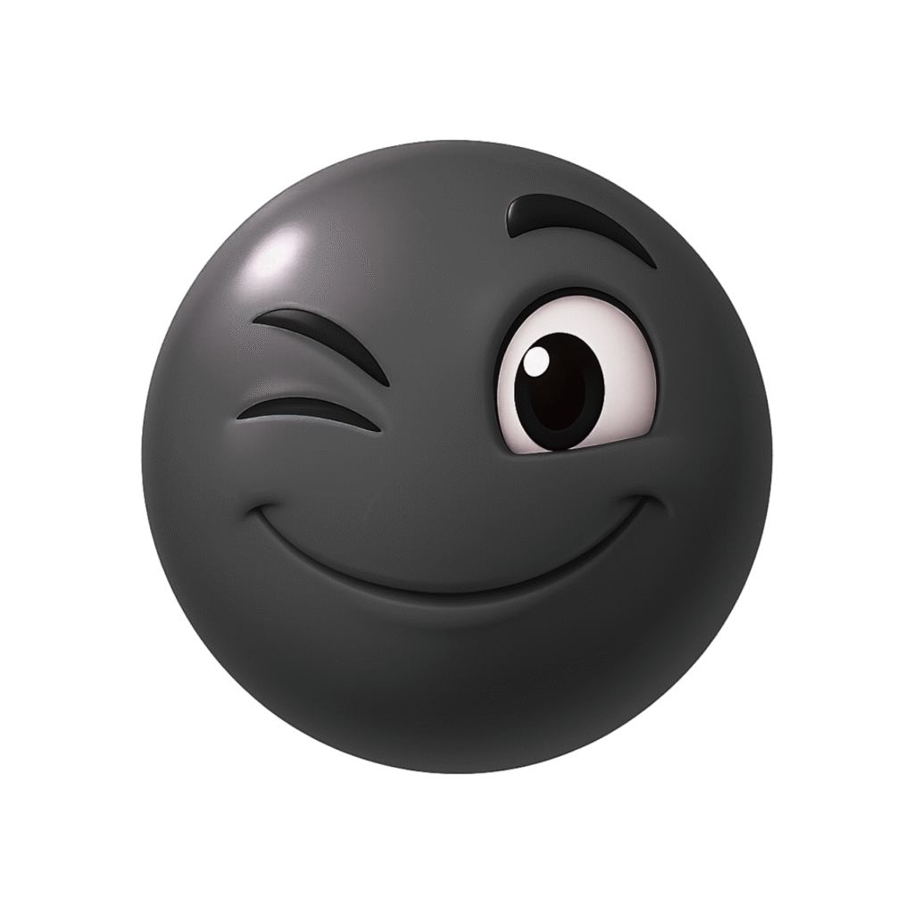 Black 3D winking emoji with shiny finish, expressive open eye, curved smile, and transparent background