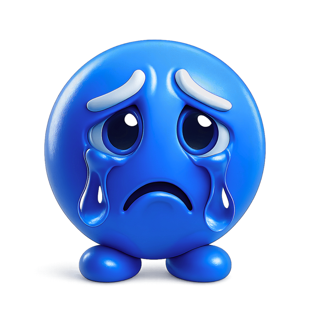 High-resolution 3D blue crying emoji with glossy teardrops and a sad emotional expression on a transparent background