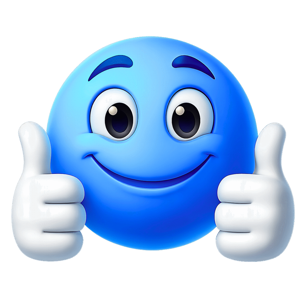 3D blue smiley emoji giving double thumbs up with glossy finish and expressive eyes on transparent background