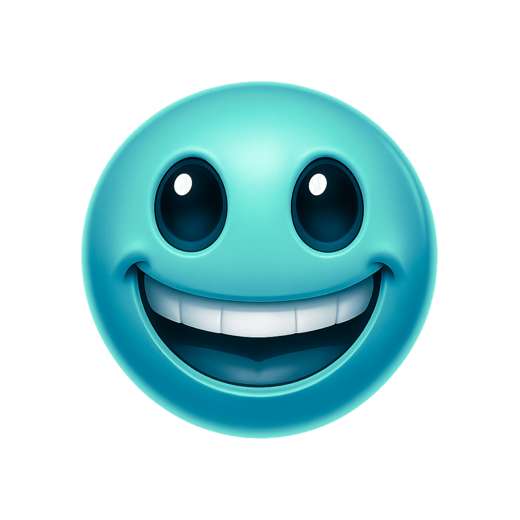 Smiling 3D Blue Happy Emoji with Big Eyes and Wide Grin on Transparent Background