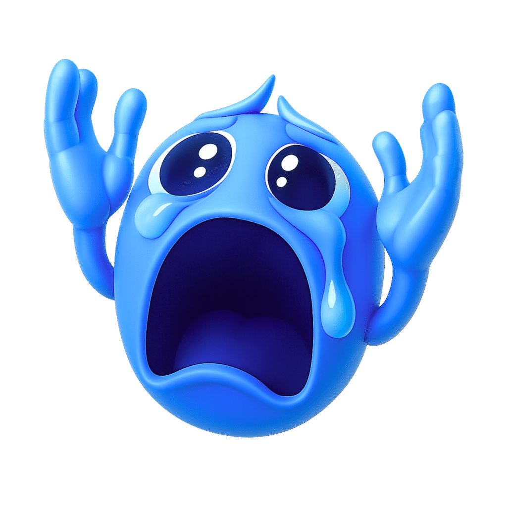 3D blue crying emoji screaming "Nooo" with raised hands and big teary eyes