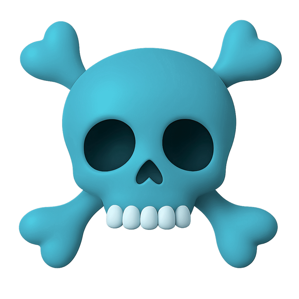 3D blue pirate skull emoji with heart-shaped crossbones and cartoon teeth on a transparent background.