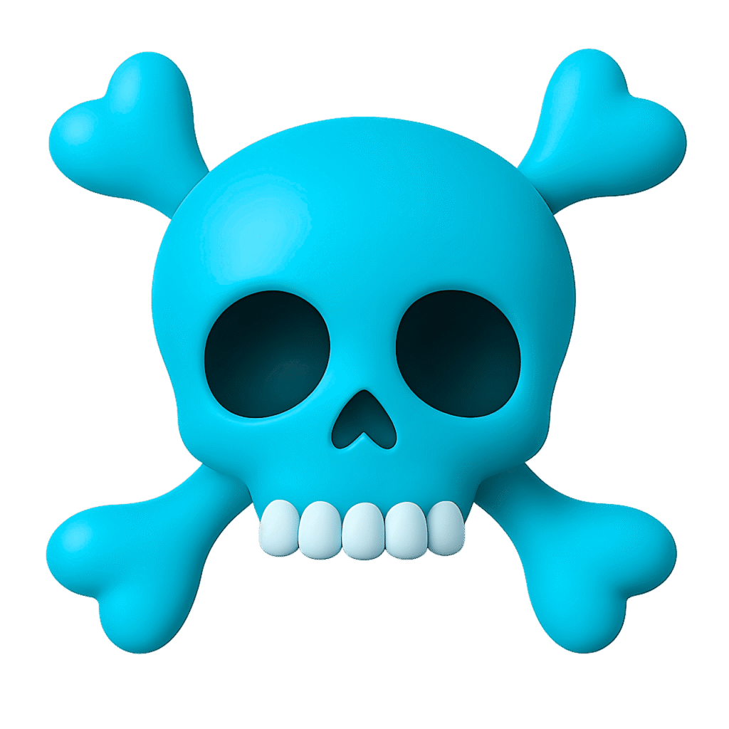3D blue pirate skull emoji with heart-shaped crossbones and cartoon teeth on a transparent background.