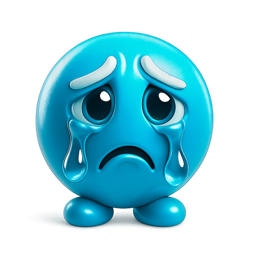 3D Blue Crying Emoji with Glossy Teardrops and Sad Expression