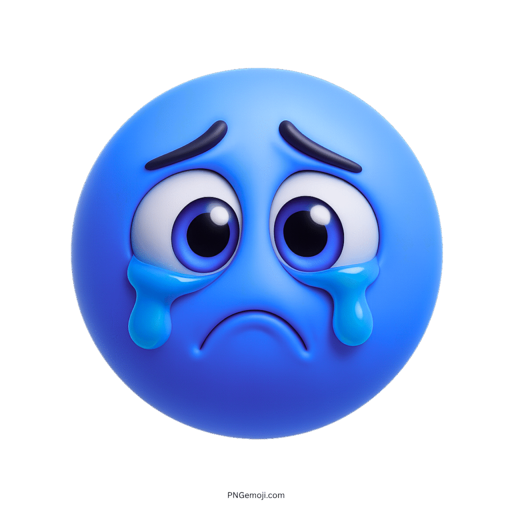 3D blue sad emoji face with big teary eyes crying transparent background
