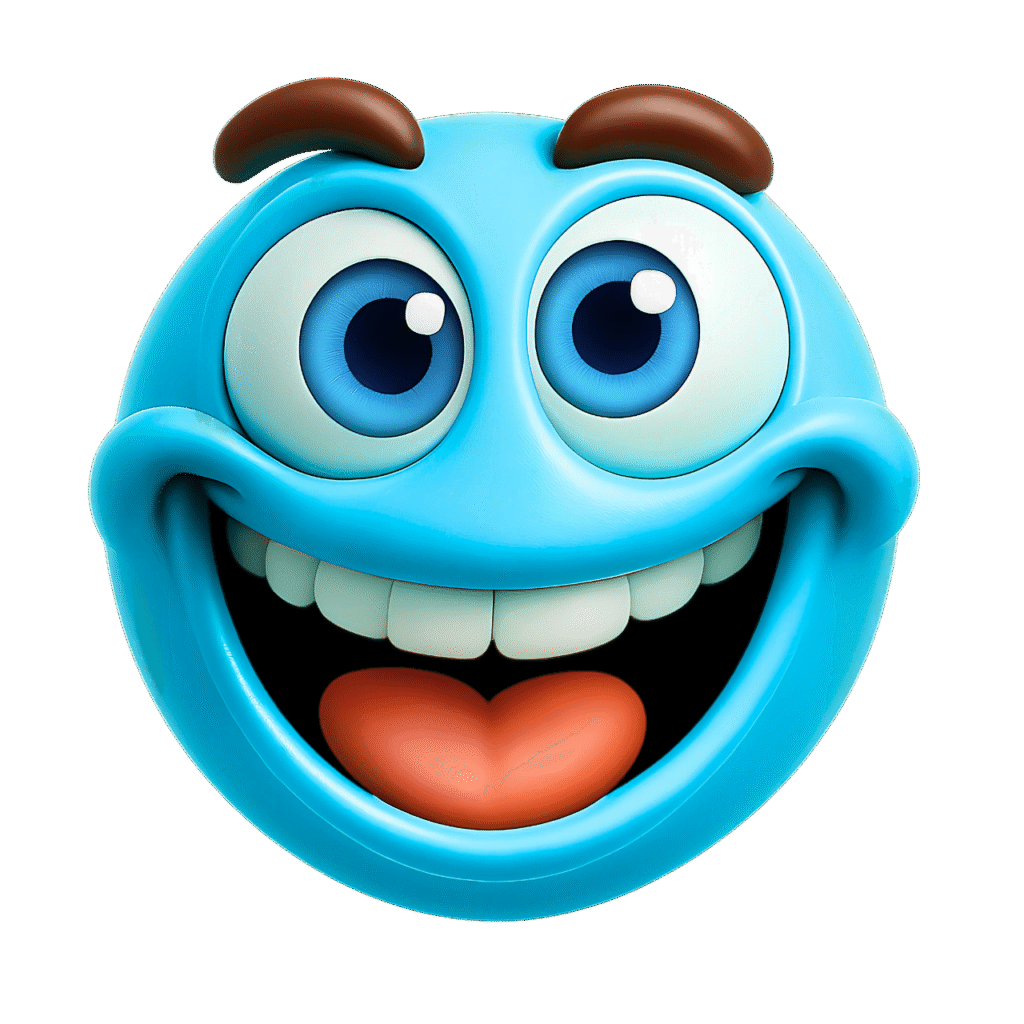 3D blue smiley face emoji with large blue eyes, brown eyebrows, white teeth, and orange tongue on a transparent background – cheerful cartoon clipart image