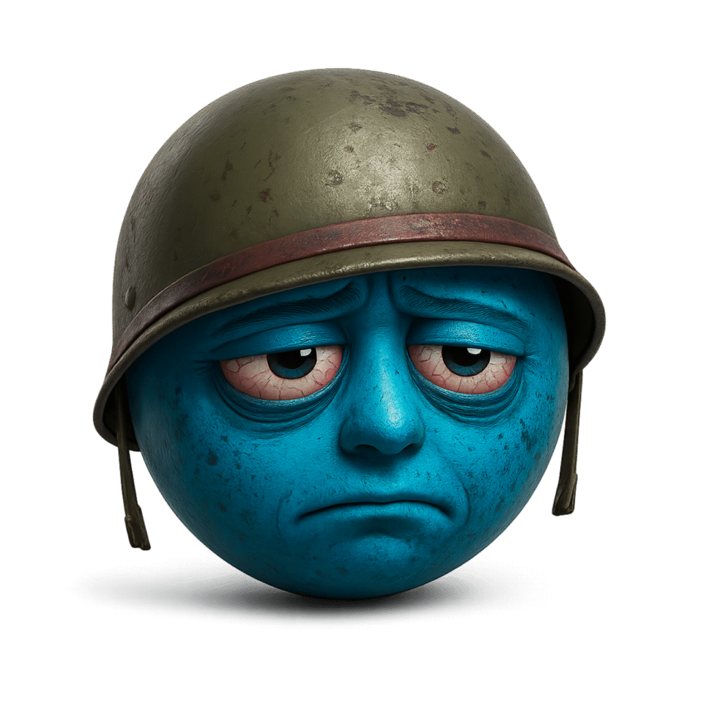 Exhausted blue emoji soldier face with sad eyes and military helmet
