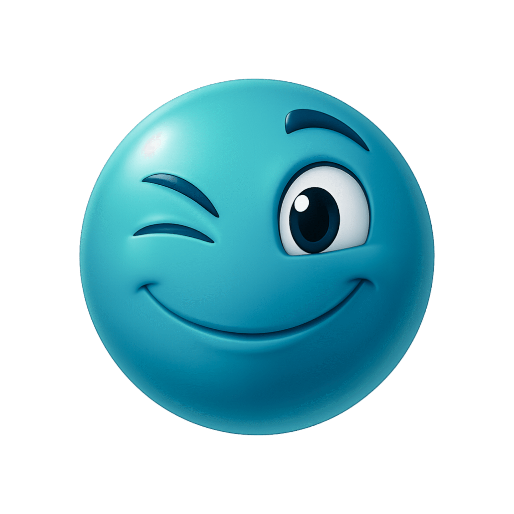3D Blue Winking Emoji Face with Cheeky Smile and Raised Eyebrows &ndash; Transparent Background PNG Clipart