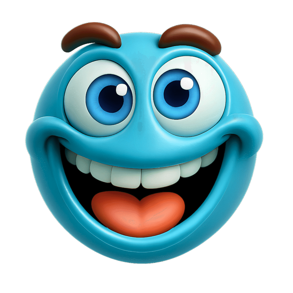 3D cyan blue smiley face emoji with exaggerated blue eyes, wide grin showing white teeth, orange tongue, and raised eyebrows – transparent PNG clipart for digital use