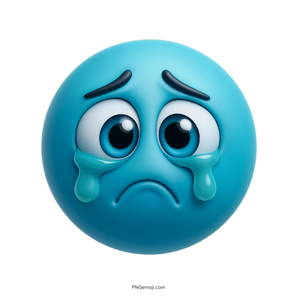 3D cyan crying emoji face with teary eyes, frown, and transparent background