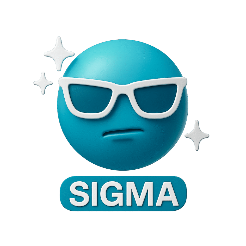 3D cyan blue sigma emoji wearing white sunglasses, confident expression with sparkles and “SIGMA” label, transparent background