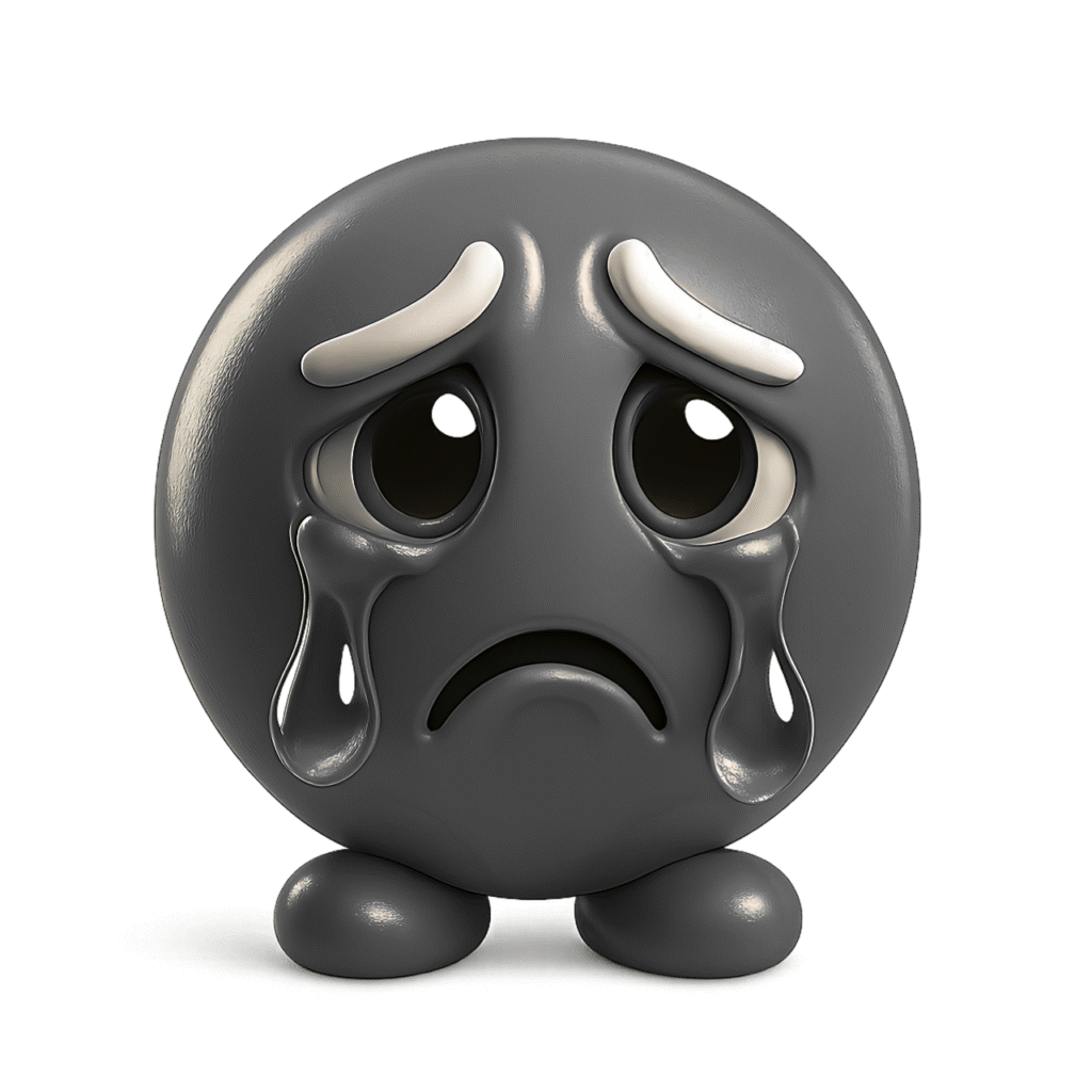 3D Dark Grey Crying Emoji with Big Teardrops and Sad Facial Expression