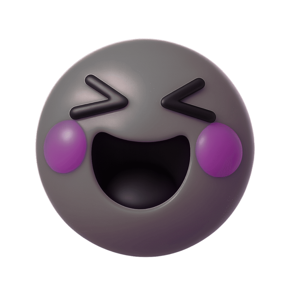 3D Happy TikTok Emoji in Dark Grey with Purple Cheeks and Laughing Expression on Transparent Background