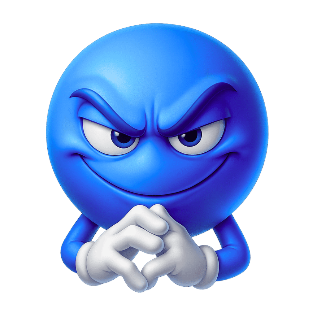 3D mischievous blue emoji with sly smile, intense eyes, and clasped cartoon hands on transparent background