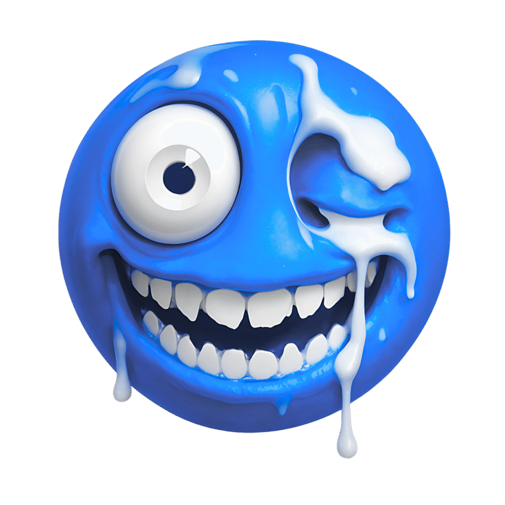 3D blue freaky emoji with white teeth and eyes dripping in white slime, surreal expression, transparent background