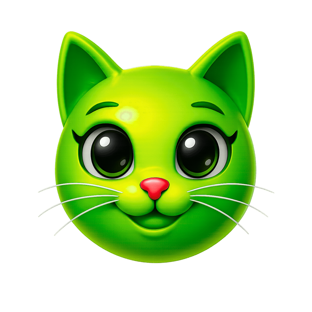 3D green cat face emoji with shiny texture, red nose, big sparkling eyes, and white whiskers