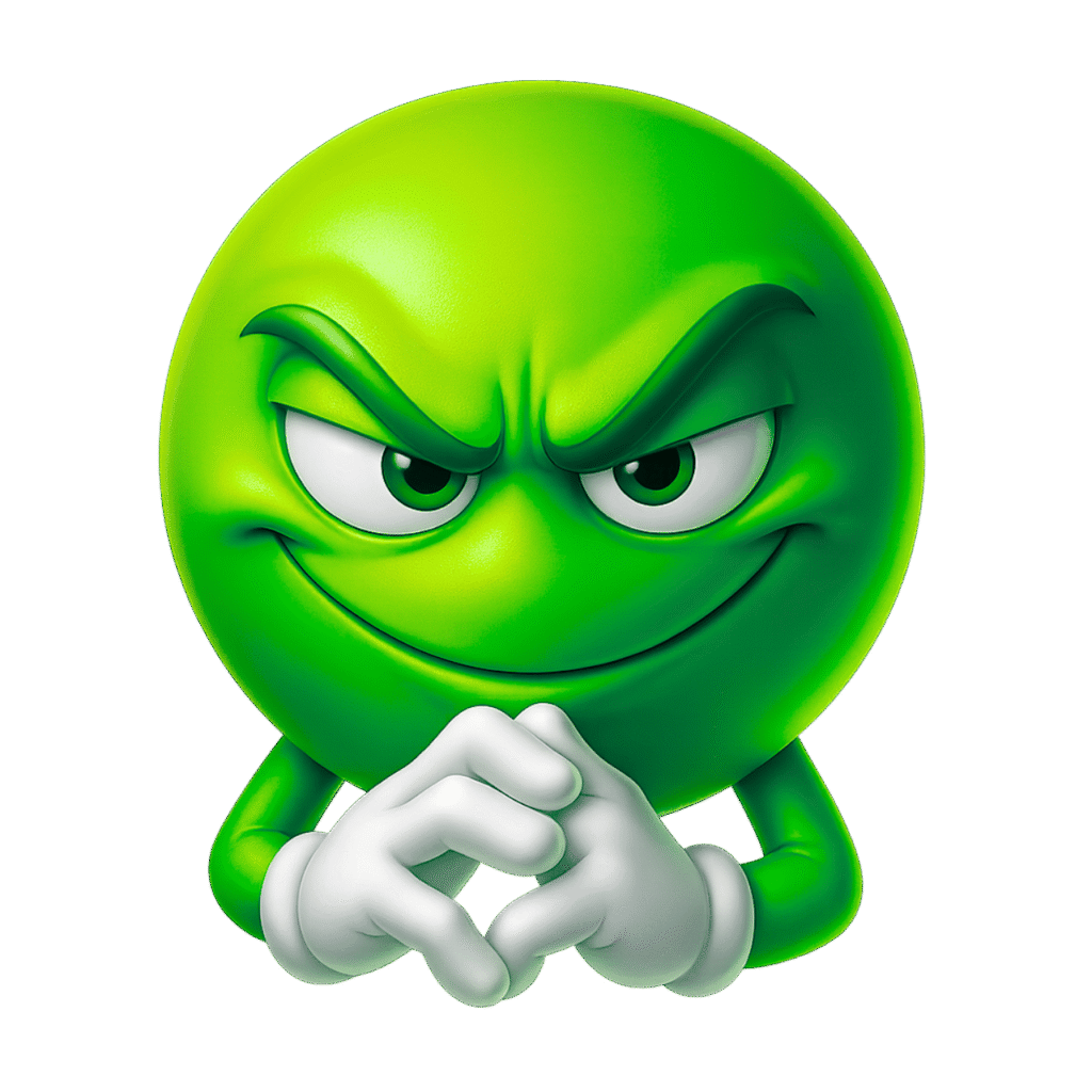 3D green emoji with mischievous grin, intense eyes, and clasped cartoon hands on transparent background
