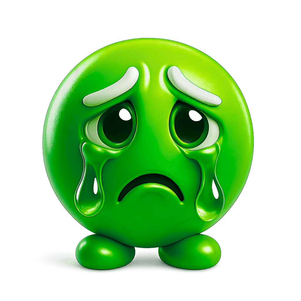 3D Green Crying Emoji with Big Teardrops and Sad Expression on Glossy Surface