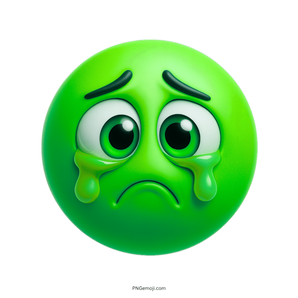 3D green crying emoji face with teary eyes and dripping tears on transparent background