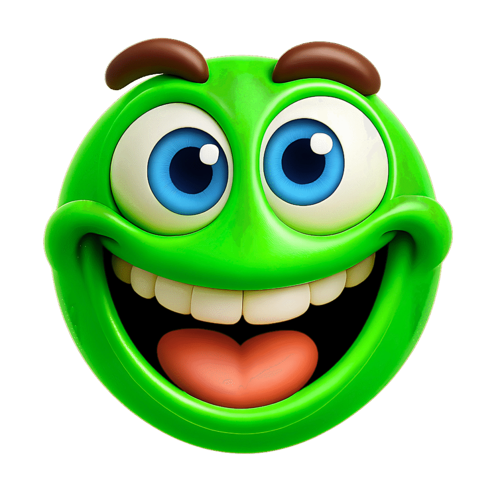 3D green happy emoji face with big blue eyes, brown eyebrows, white teeth, and an orange tongue – transparent background cartoon clipart