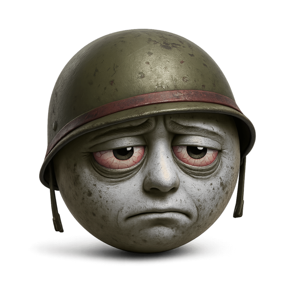 Tired pale grey emoji face with sad expression and army helmet on