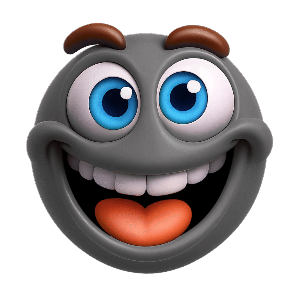 3D grey smiling emoji with large blue eyes, white teeth, brown eyebrows, and an orange tongue – transparent background clipart