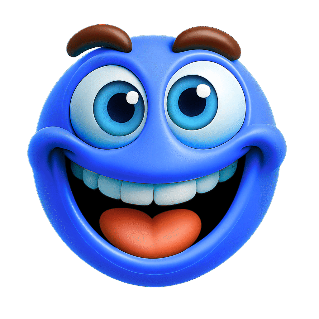 3D happy blue emoji face with big eyes, white teeth, and an orange tongue, smiling widely – transparent background clipart
