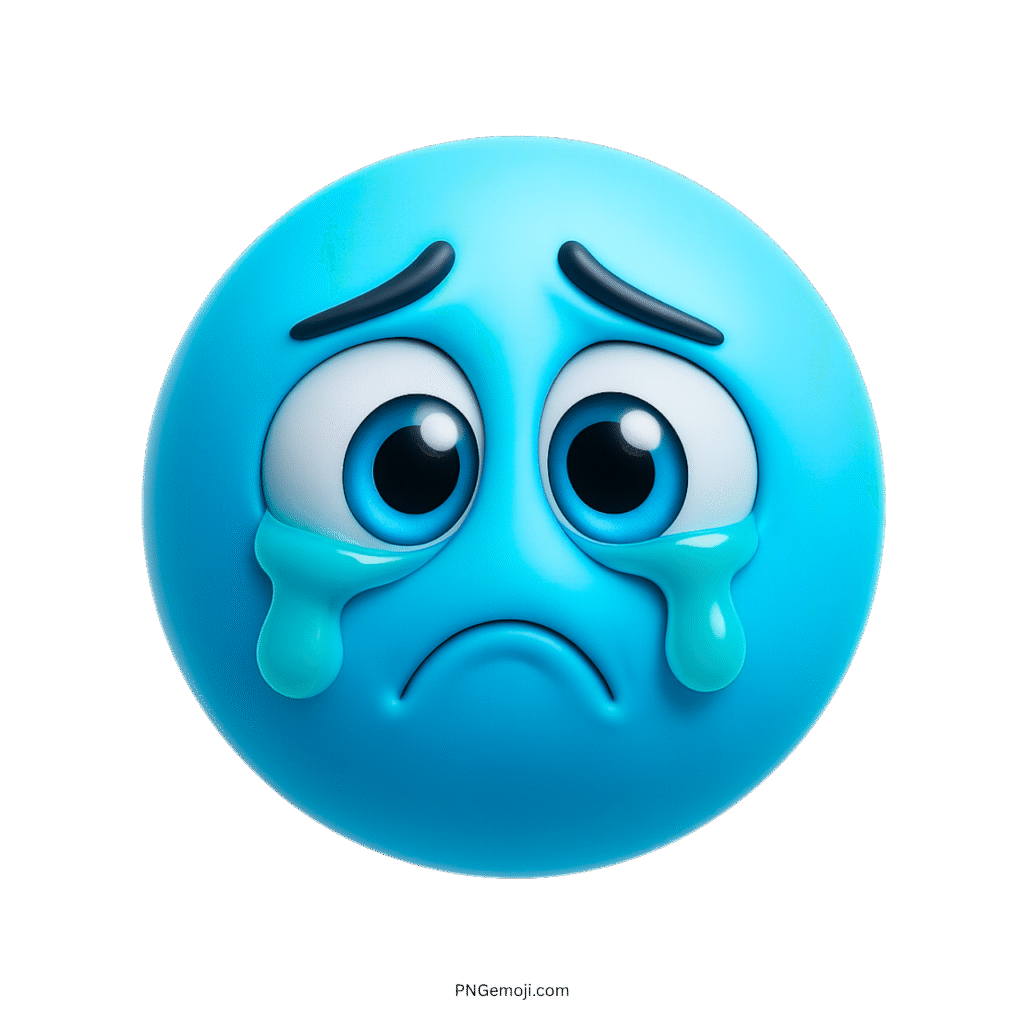 3D light blue crying emoji face with big teary eyes and transparent background